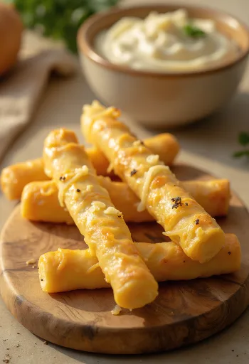 Rapeita juustotankoja kullanruskeaksi paistettuna, runsaalla juustoraasteella