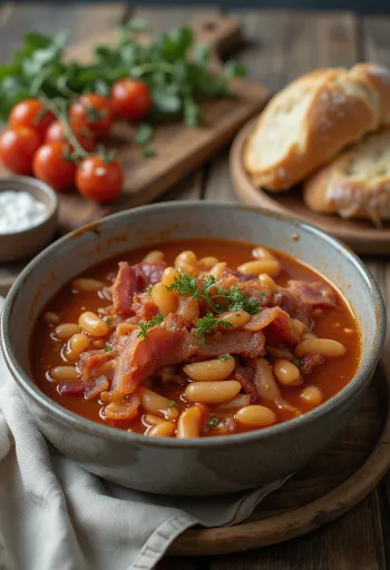 Rikas minestrone-keitto savukyljellä, pastalla ja vihanneksilla tarjoiltuna