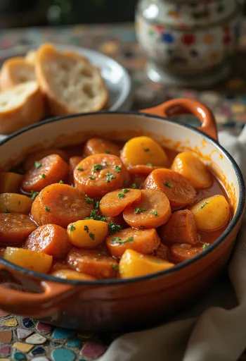 Perunapaprikash mehevillä perunapaloilla, savumakkaralla ja tuoreella persiljalla koristeltuna