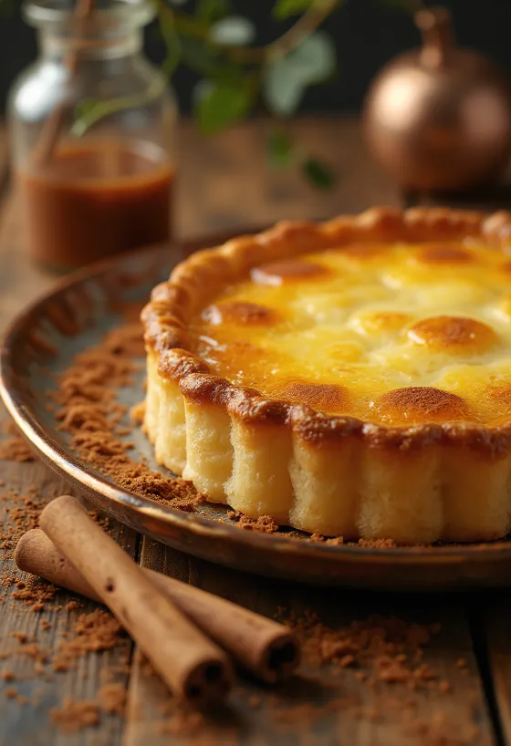 Portugalilainen pastel de nata -kakku kullanruskealla pinnalla ja vaniljatäytteellä