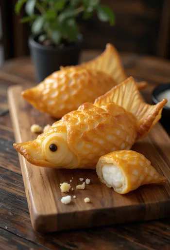 Mochi-Taiyaki täytteellä, japanilainen makeinen, hienolla riisijauhotaikinalla ja makealla täytteellä