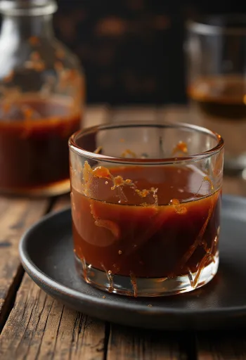 Bourbon-BBQ-kastike kulhossa, taustalla mausteita ja grillilihaa