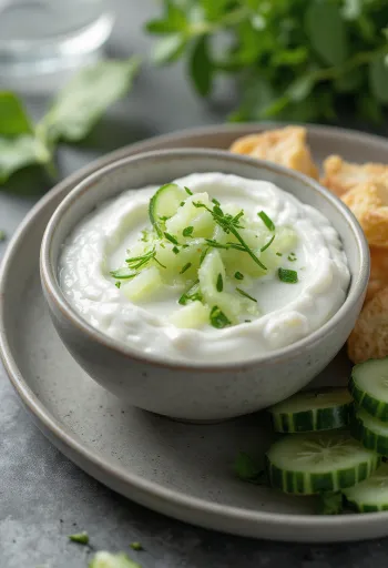 Jogurtti-kurkkukastike tarjoiltuna tuoreiden vihannesten kera