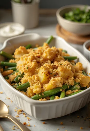 Vegaaninen vihreä papulaatikko perunalla tarjoiltuna