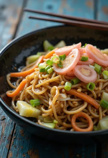 Yakisoba vihanneksilla, paistettua nuudelia värikkäillä vihanneksilla tarjoiltuna