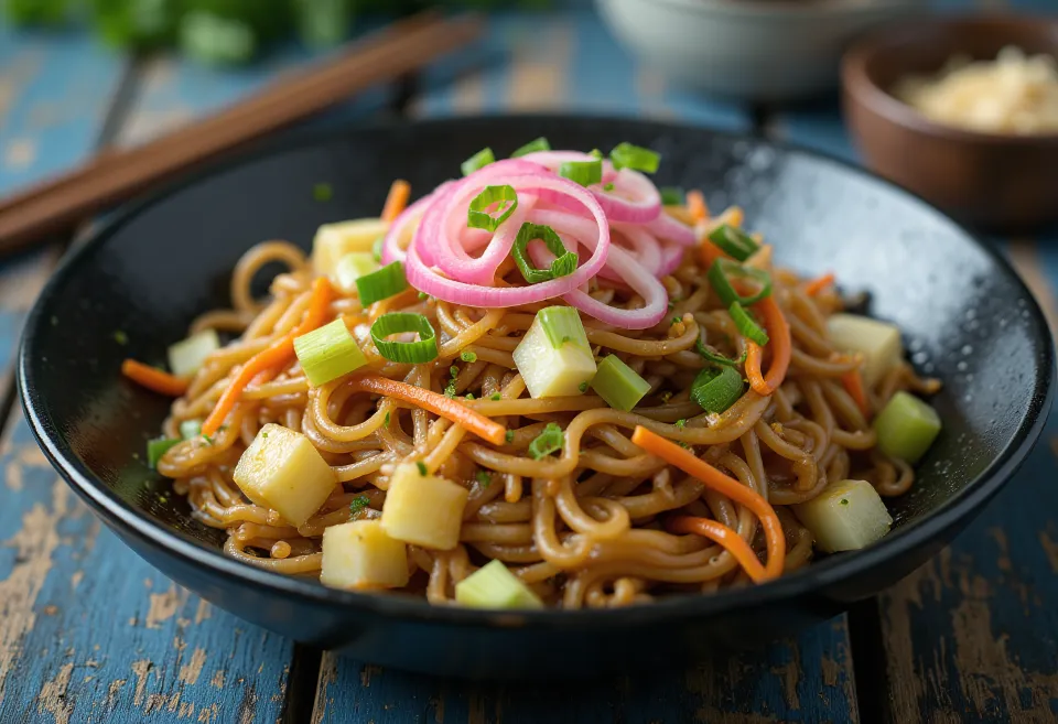 Yakisoba vihanneksilla, paistettua nuudelia värikkäillä vihanneksilla tarjoiltuna