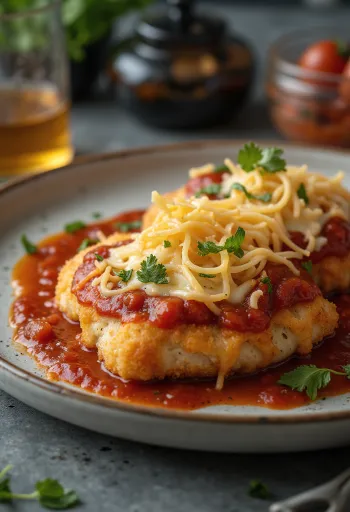 Chicken Parmigiana tarjoiltuna pastan ja tuoreen basilikan kera