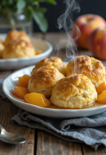 Persikka-cobbler, leivonnainen tuoreilla persikoilla ja murealla taikinalla