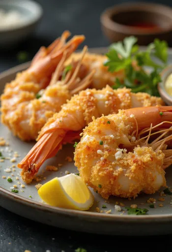 Ebi fry leivitettynä, rapeita rapuja tuoreena tarjoiltuna sitruunan kera