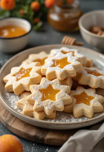 Hunajalinzerit tomusokerilla, hillolla täytettynä