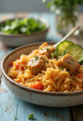 Riisiliha mehevällä porsaanlihalla ja vihanneksilla runsaasti valmistettuna.