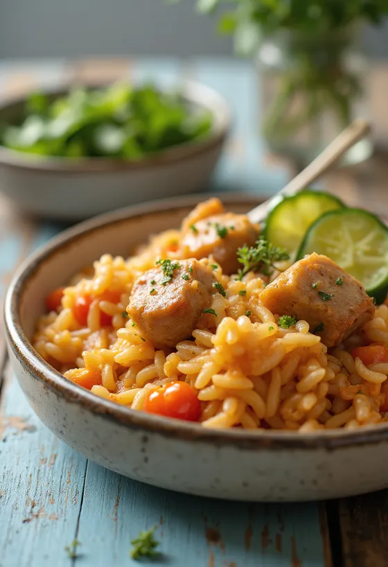 Riisiliha mehevällä porsaanlihalla ja vihanneksilla runsaasti valmistettuna.