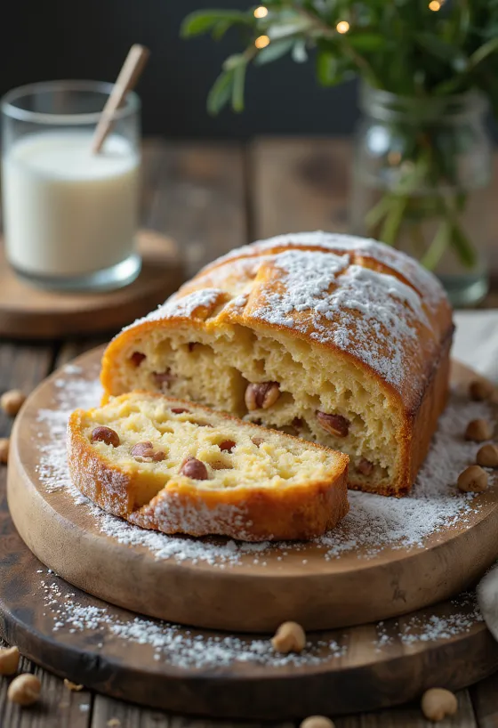 Rapea hasselpähkinä-stollen viipaleet tarjoiltuna