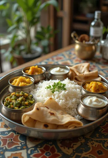 Thali tamilialaisittain, tarjoiltuna monipuolisilla intialaisilla ruoilla metallitarjottimella: riisi, curryt, leivät, chutneyt