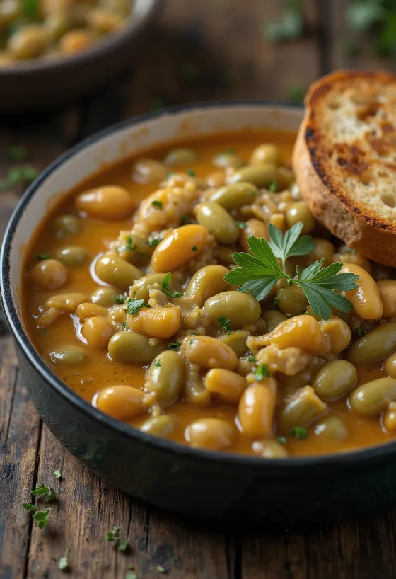 Vihreä papumuhennos paksussa, smetanaisessa kastikkeessa, tuoreella tillillä ripoteltuna