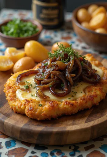 Cachopo karamellisoidulla sipulilla, rapea leivitetty liha juustotäytteellä, tarjoiltuna makean sipulin kera