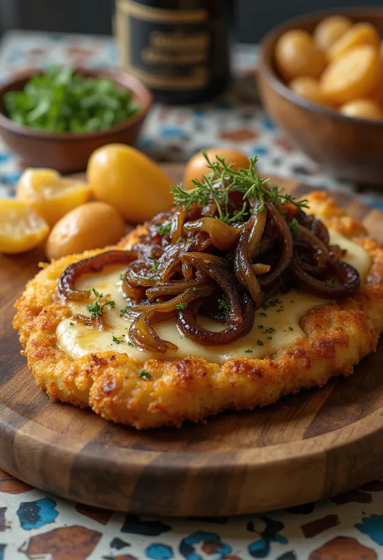 Cachopo karamellisoidulla sipulilla, rapea leivitetty liha juustotäytteellä, tarjoiltuna makean sipulin kera