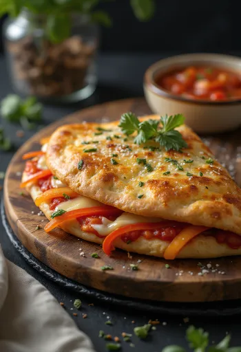 Avattu calzone, täytteenä kirkkaanpunaisia paprikasuikaleita ja juustoa