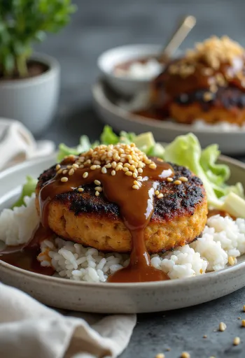 Loco Moco tofupihvillä, riisillä ja seesaminsiemenillä