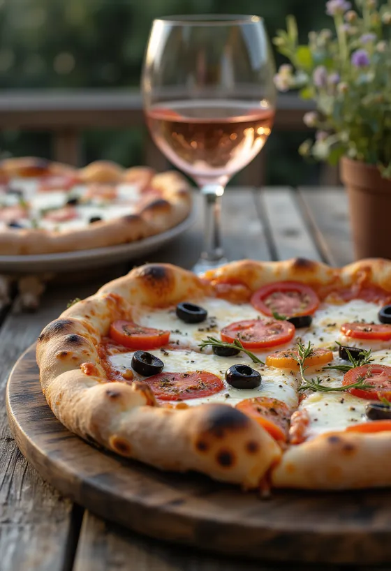 Pizza Provençale tomaatilla, mustilla oliiveilla ja provencale-mausteilla