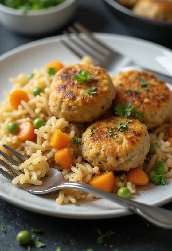 Kalkkunapihvit vihannesriisillä tarjoiltuna