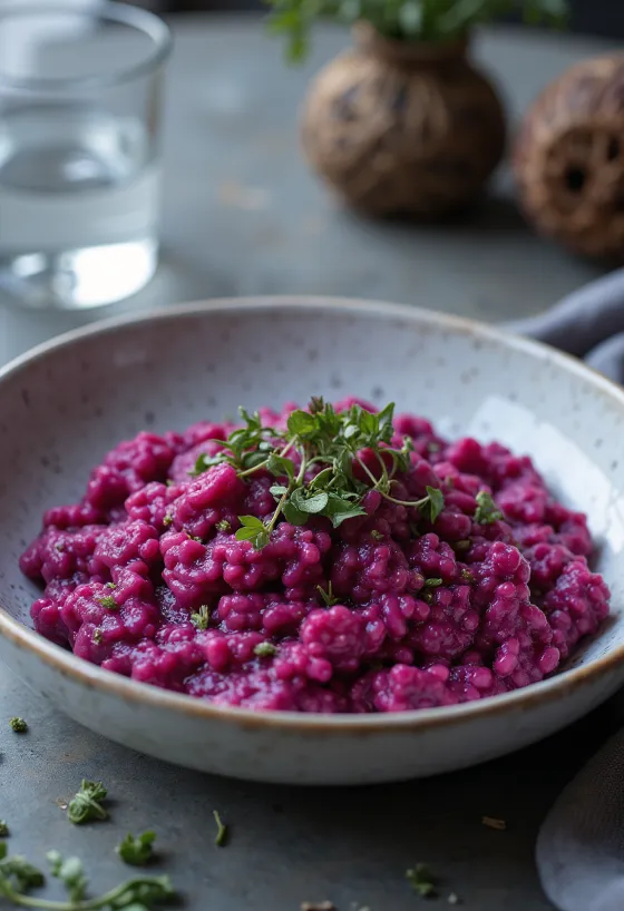 Vegaaninen punajuuririsotto tarjoiltuna