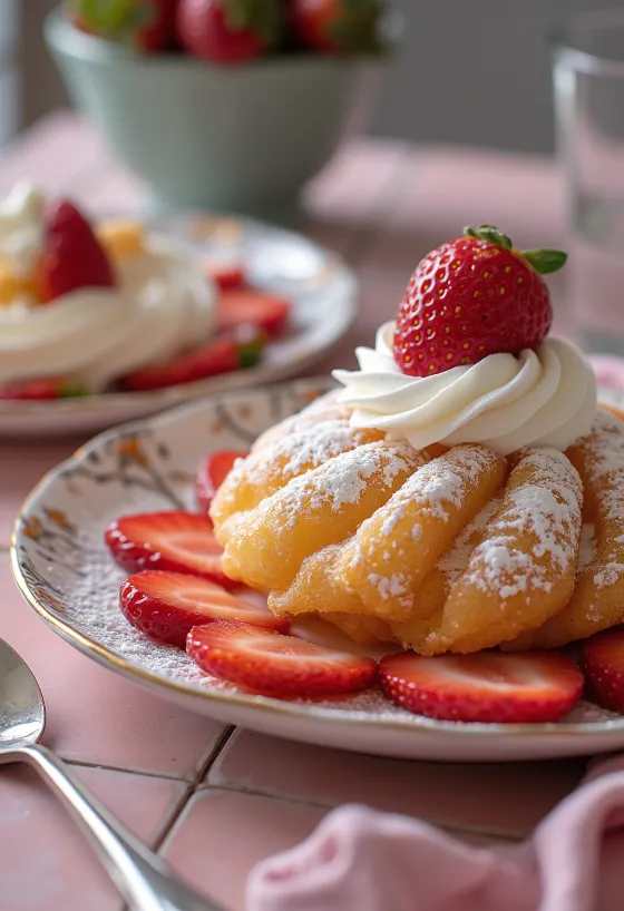 Zeppole mascarpone-täytteellä, tuoreilla mansikoilla koristeltuna