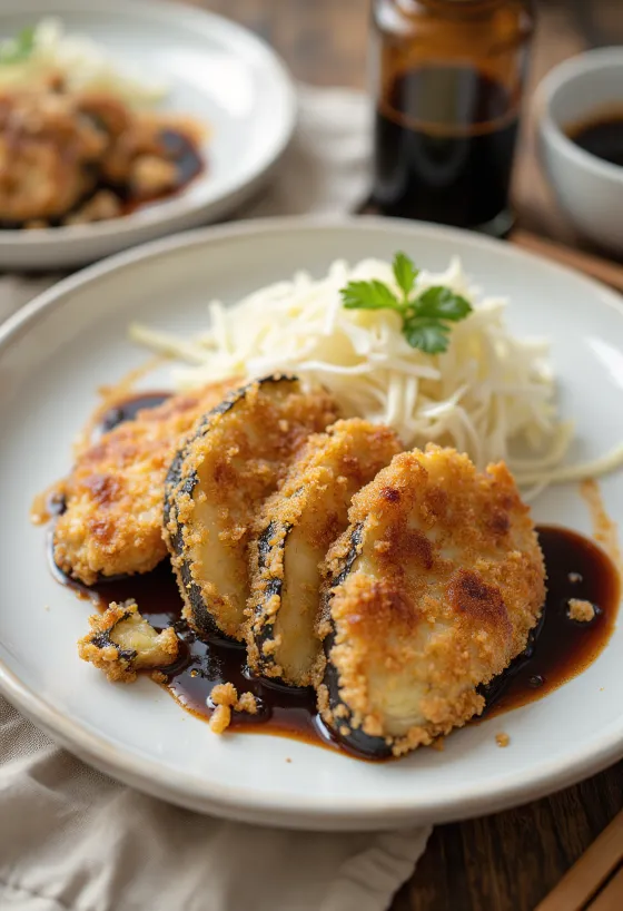 Aubergine katsu, rapea paneroitu munakoiso tonkatsu-kastikkeella