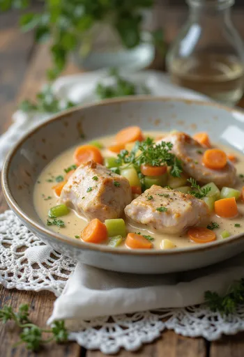 Kaniinifrikassee tarjoiltuna kermaisella kastikkeella ja koristeltuna tuoreella persiljalla