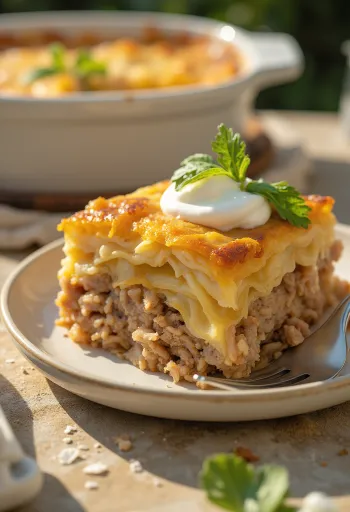 Perinteinen hapankaalivuoka, kerrostettuna jauhelihalla ja riisillä, smetanan kera tarjoiltuna.