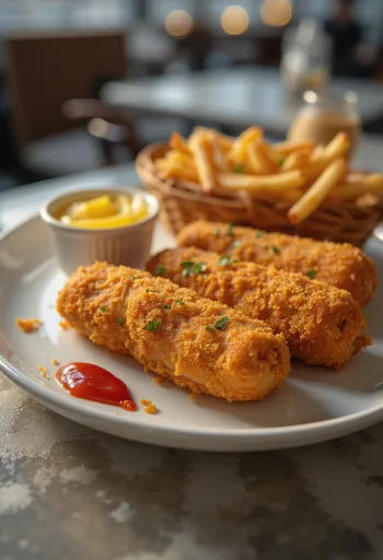 Kullanruskeaksi paistettuja leivitettyjä nakkeja rapeassa kuorrutuksessa, tarjoiltuna tuoreen sinapin ja ketsupin kera.