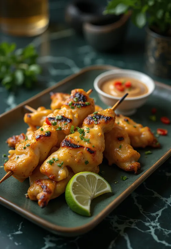 Satay-kanaa tarjoiltuna maapähkinäkastikkeen kera