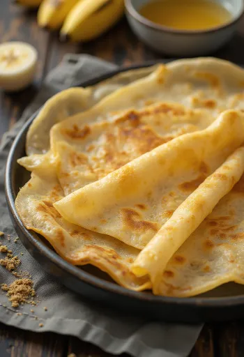 Banaanidosa tuoreena, rapeaksi paistettuna, banaanilla tarjoiltuna
