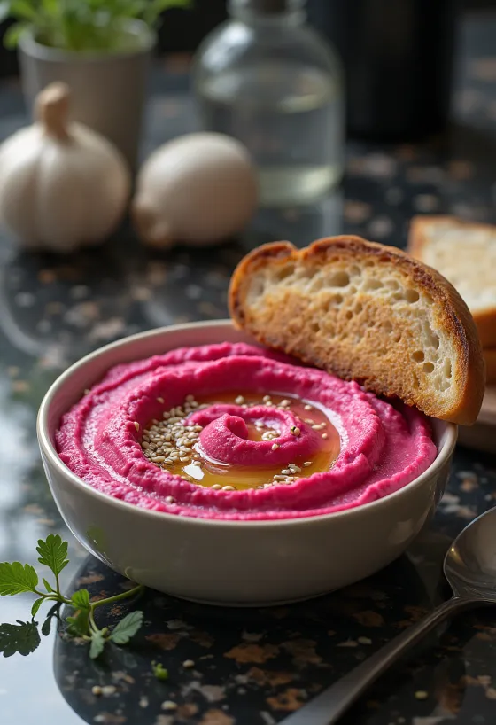 Kirkkaanpunainen punajuurihummus tarjoiltuna rapean paahtoleivän päällä