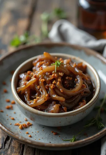 Karamellisoitua chilisipulikastiketta kulhossa tuoreella chilillä koristeltuna.