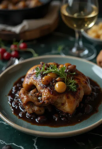 Coq au Vin tarjoiltuna tuoreella persiljalla ja leivällä