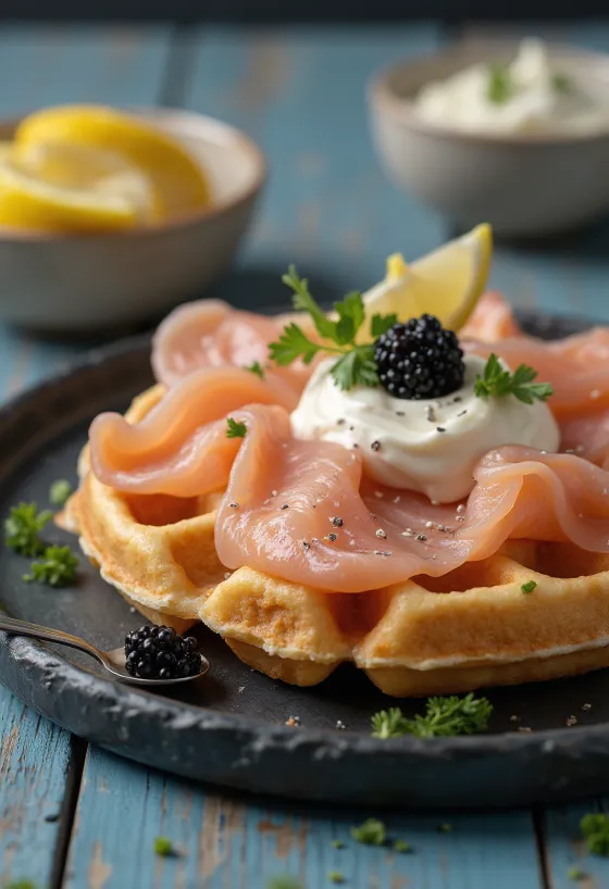 Savulohivohvelit kaviaarilla tarjoiltuna