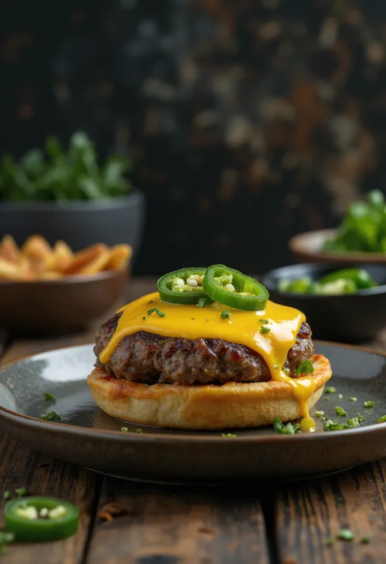 Jalapeño-juustohampurilainen mehukkaalla pihvillä ja pikantilla jalapeño-paprikalla