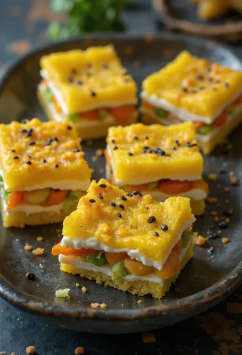 Khaman sandwich dhokla, kasvistäytteellä ja tuoreella korianterilla koristeltuna