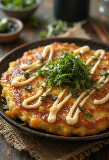 Klassinen okonomiyaki tarjoiltuna, okonomiyaki-kastikkeen ja bonitohiutaleiden kera