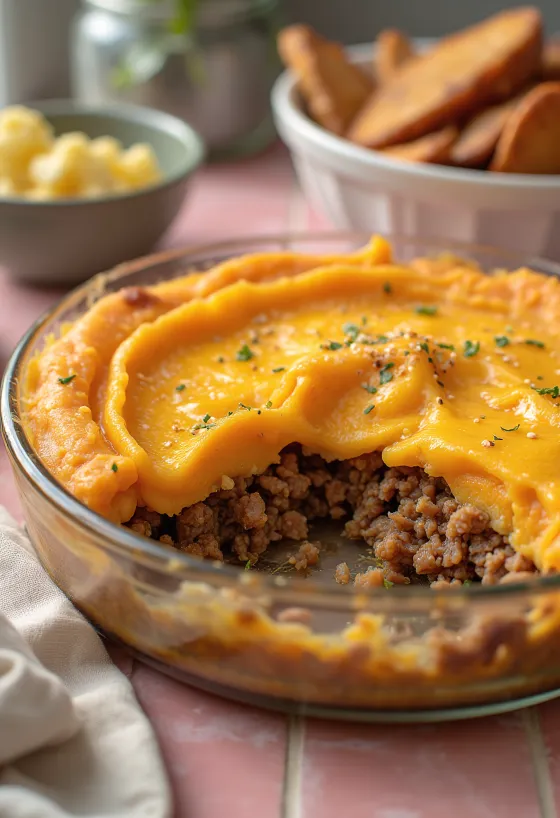 Pastelón juustolla, tarjoiltuna, runsas ja maukas ruoka