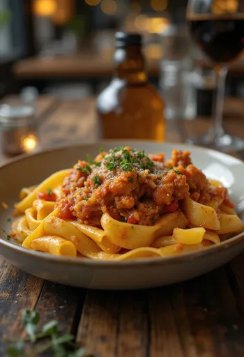 Kaniiniragu tarjoiltuna pappardelle-pastan kera ja rosmariinilla koristeltuna