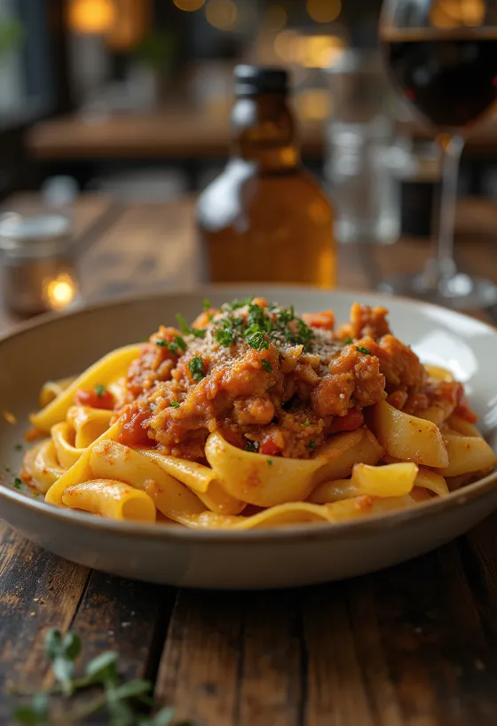 Kaniiniragu tarjoiltuna pappardelle-pastan kera ja rosmariinilla koristeltuna