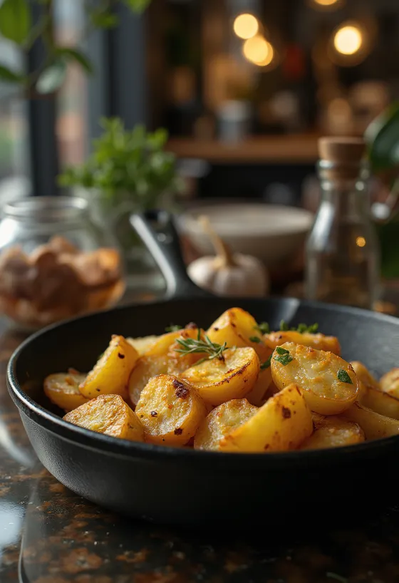 Kullanruskeaksi paahdettuja, rapeita uuniperunoita tuoreilla yrteillä.