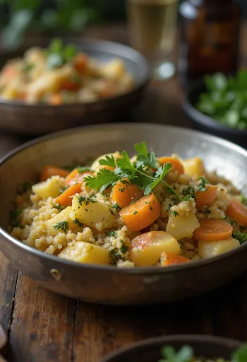 Avial moringalla, vihanneksilla ja kookosmaidolla tarjoiltuna