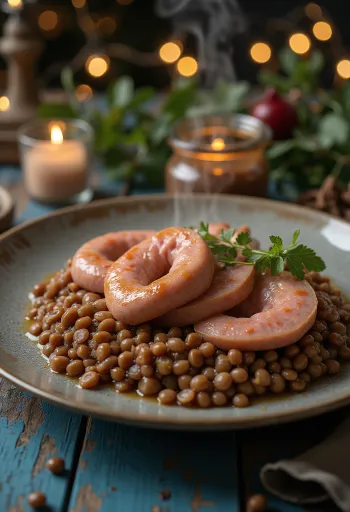 Cotechino, italialaista makkaraa linsseillä tarjoiltuna