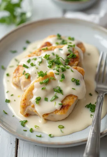 Mehevä kananrinta kermaisessa kastikkeessa, tuoreella persiljalla ripustettuna ja pastan kera tarjoiltuna.