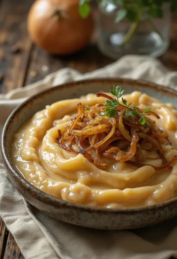 Karamellisoitu sipulikastike tarjoiltuna tuoreen leivän kera