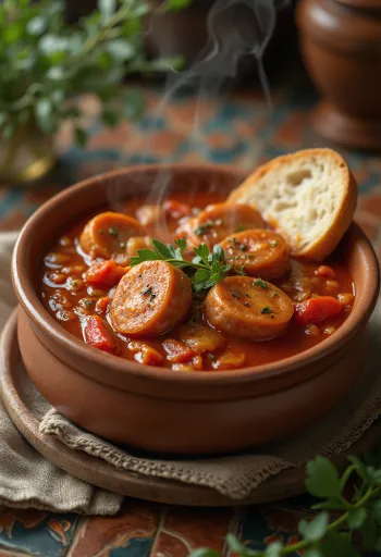 Makkaralecsó tuoreella paprikalla, tomaatilla ja savumakkaralla tarjoiltuna