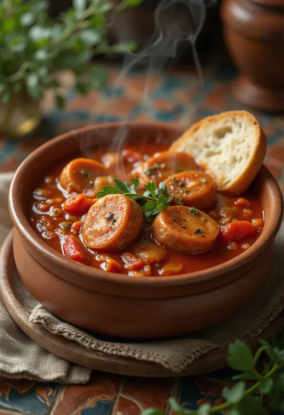 Makkaralecsó tuoreella paprikalla, tomaatilla ja savumakkaralla tarjoiltuna